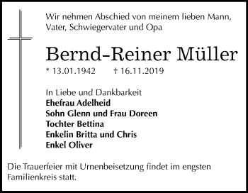 Traueranzeige von Bernd-Reiner Müller von Wochenspiegel Bitterfeld