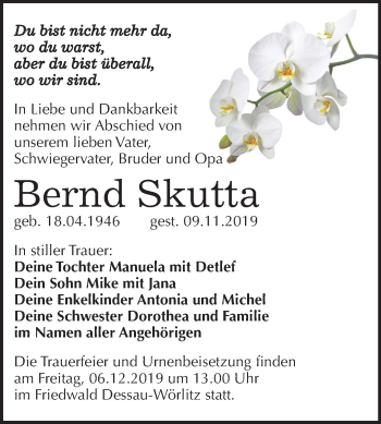 Traueranzeige von Bernd Skutta von Super Sonntag Wittenberg