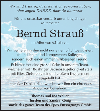 Traueranzeige von Bernd Strauß von Mitteldeutsche Zeitung Köthen