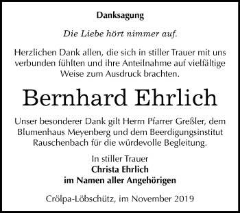 Traueranzeige von Bernhard Ehrlich von Wochenspiegel Naumburg/Nebra