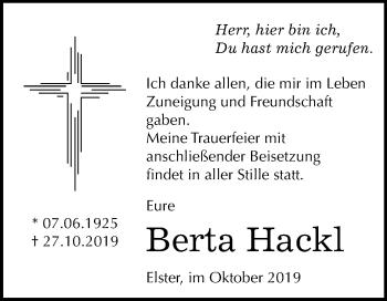 Traueranzeige von Berta Hackl von Super Sonntag Wittenberg