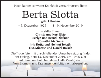 Traueranzeige von Berta Slotta von Mitteldeutsche Zeitung Halle/Saalkreis