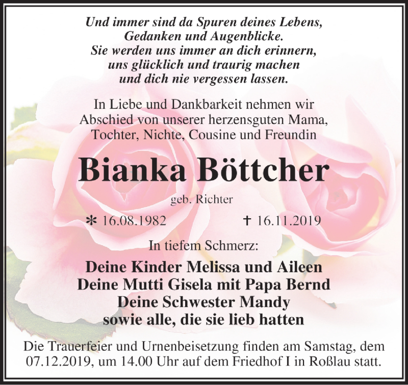  Traueranzeige für Bianka Böttcher vom 23.11.2019 aus Super Sonntag Dessau-Roßlau
