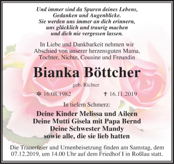 Traueranzeige von Bianka Böttcher von Super Sonntag Dessau-Roßlau