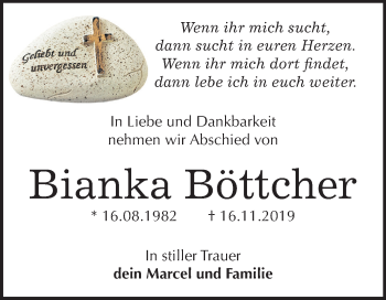 Traueranzeige von Bianka Böttcher von Mitteldeutsche Zeitung Dessau-Roßlau