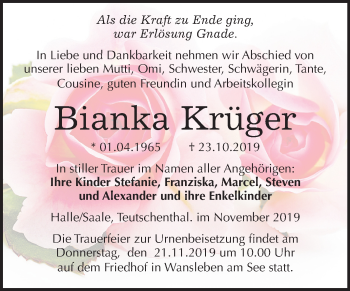 Traueranzeige von Bianka Krüger von Mitteldeutsche Zeitung Halle/Saalkreis