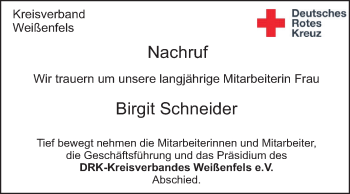 Traueranzeige von Birgit Schneider von Super Sonntag Weißenfels
