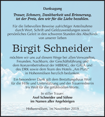 Traueranzeige von Birgit Schneider von Mitteldeutsche Zeitung Weißenfels