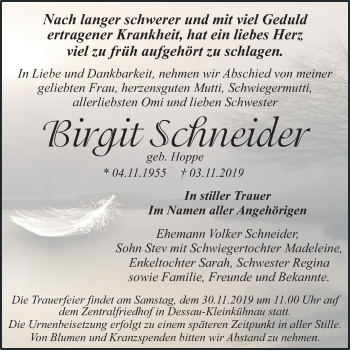 Traueranzeige von Birgit Schneider von Super Sonntag Dessau-Roßlau