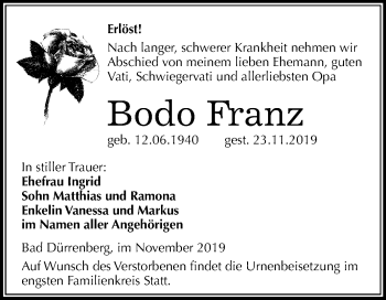 Traueranzeige von Bodo Franz von Mitteldeutsche Zeitung Merseburg/Querfurt
