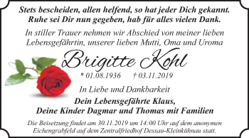 Traueranzeige von Brigitt Kohl von Super Sonntag Dessau-Roßlau