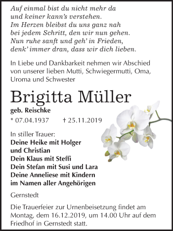 Traueranzeige von Brigitta Müller von Mitteldeutsche Zeitung Naumburg/Nebra