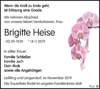 Traueranzeige von Brigitte Heise von Wochenspiegel Weißenfels
