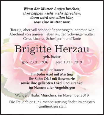 Traueranzeige von Brigitte Herzau von Wochenspiegel Naumburg/Nebra