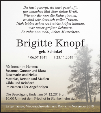 Traueranzeige von Brigitte Knopf von Mitteldeutsche Zeitung Sangerhausen