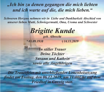 Traueranzeige von Brigitte Kunde von Mitteldeutsche Zeitung Wittenberg