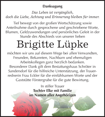 Traueranzeige von Brigitte Lüpke von Wochenspiegel Bitterfeld