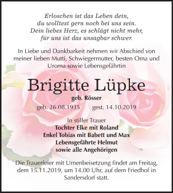 Traueranzeige von Brigitte Lüpke von Mitteldeutsche Zeitung Bitterfeld