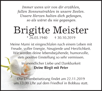 Traueranzeige von Brigitte Meister von Mitteldeutsche Zeitung Bitterfeld