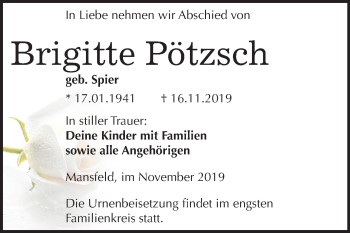 Traueranzeige von Brigitte Pötzsch von Mitteldeutsche Zeitung Mansfelder Land