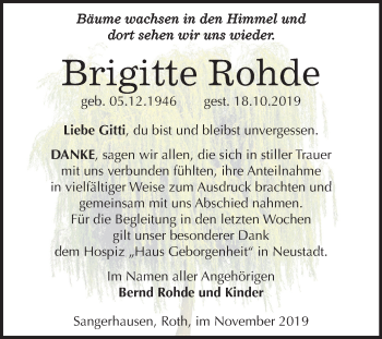 Traueranzeige von Brigitte Rohde von Super Sonntag Sangerhausen