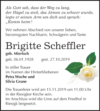 Traueranzeige von Brigitte Scheffler von Mitteldeutsche Zeitung Wittenberg