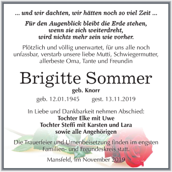Traueranzeige von Brigitte Sommer von Super Sonntag Mansfelder Land