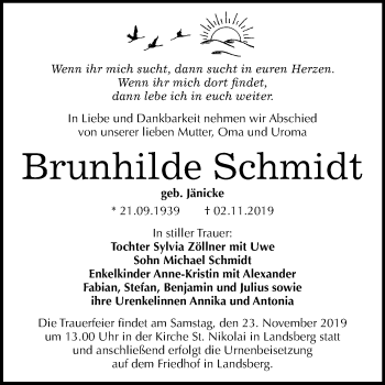 Traueranzeige von Brunhilde Schmidt von Mitteldeutsche Zeitung Halle/Saalkreis