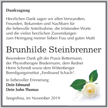 Traueranzeige von Brunhilde Steinbrenner von Mitteldeutsche Zeitung Wittenberg