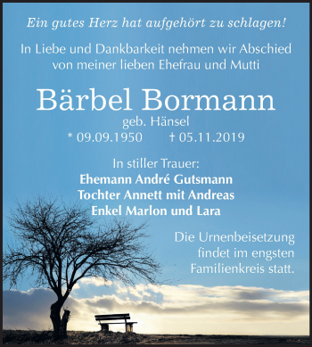 Traueranzeige von Bärbel Bormann von Mitteldeutsche Zeitung Wittenberg
