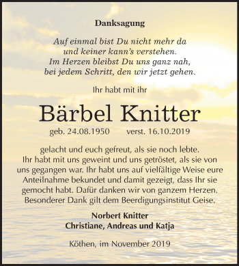 Traueranzeige von Bärbel Knitter von Super Sonntag Köthen