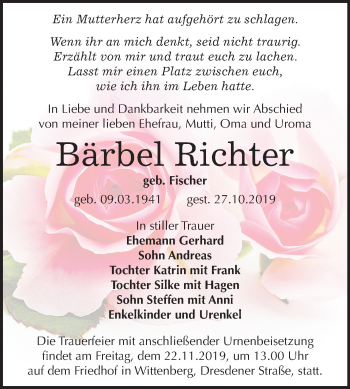 Traueranzeige von Bärbel Richter von Mitteldeutsche Zeitung Wittenberg