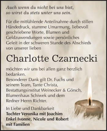 Traueranzeige von Charlotte Czarnecki von Mitteldeutsche Zeitung Bernburg