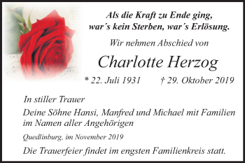 Traueranzeige von Charlotte Herzog von Mitteldeutsche Zeitung Quedlinburg
