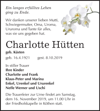 Traueranzeige von Charlotte Hütten von Mitteldeutsche Zeitung Köthen