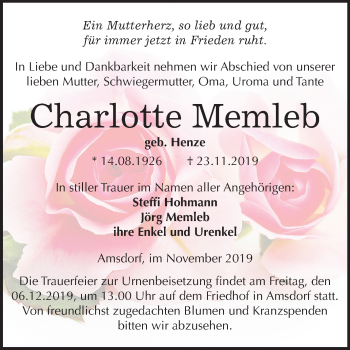 Traueranzeige von Charlotte Memleb von Super Sonntag Mansfelder Land
