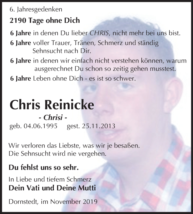  Traueranzeige für Chris Reinicke vom 25.11.2019 aus Mitteldeutsche Zeitung Halle/Saalkreis