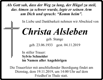 Traueranzeige von Christa Alsleben von Mitteldeutsche Zeitung Quedlinburg