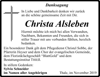 Traueranzeige von Christa Alsleben von Mitteldeutsche Zeitung Quedlinburg