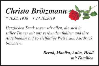Traueranzeige von Christa Brötzmann von Mitteldeutsche Zeitung Sangerhausen