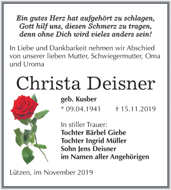 Traueranzeige von Christa Deisner von Wochenspiegel Weißenfels