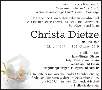 Traueranzeige von Christa Dietze von Mitteldeutsche Zeitung Halle/Saalkreis
