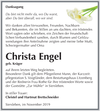 Traueranzeige von Christa Engel von Mitteldeutsche Zeitung Mansfelder Land