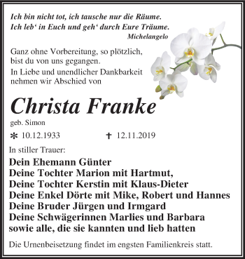 Traueranzeige von Christa Franke von Mitteldeutsche Zeitung Wittenberg