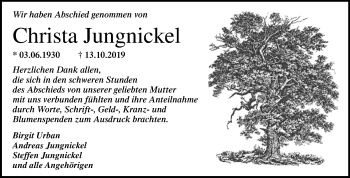 Traueranzeige von Christa Jungnickel von Super Sonntag Bernburg