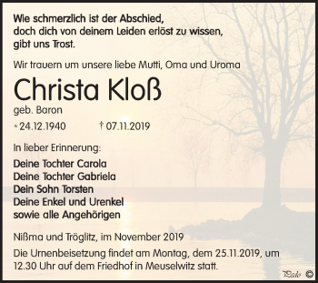 Traueranzeige von Christa Kloß von Super Sonntag Zeitz