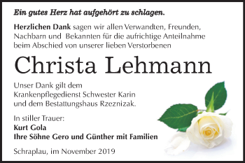 Traueranzeige von Christa Lehmann von Mitteldeutsche Zeitung Merseburg/Querfurt