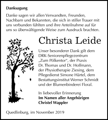 Traueranzeige von Christa Leide von Super Sonntag Quedlinburg