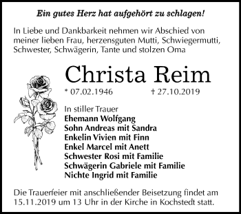 Traueranzeige von Christa Reim von Wochenspiegel Dessau-Roßlau