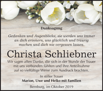 Traueranzeige von Christa Schliebner von Mitteldeutsche Zeitung Bernburg